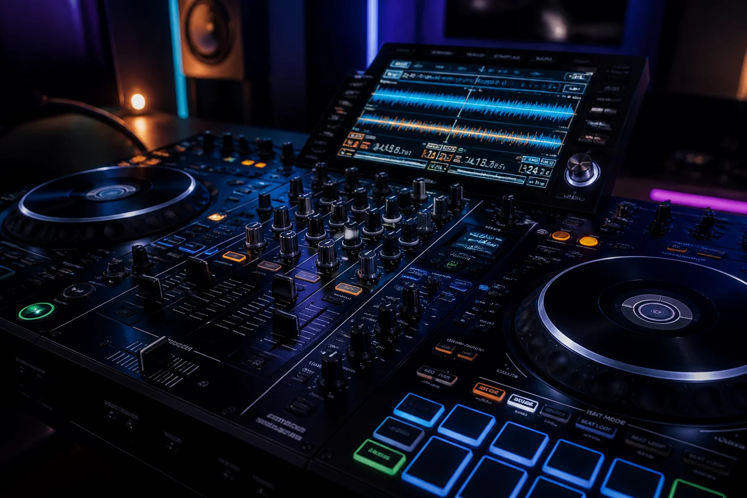 DJ mixing console and beat loop performance controller in studio